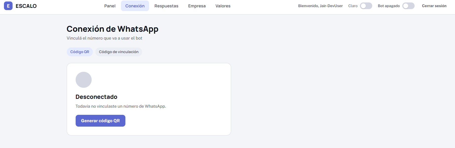Pantalla de conexión de WhatsApp del panel de ESCALO